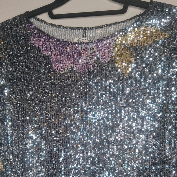 Free People Intimately Gold Rush Black Purple Long Sleeve Floral Sequin Size M - Picture 6 of 16